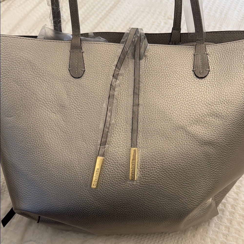 Gray Pebbled Leather Tote with Gold Accents
